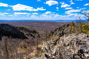 South Ural Mountains with a unique landscape, vegetation and diversity of nature in spring.
