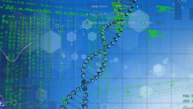 Animation of dna and chemical structures over data processing against blue background