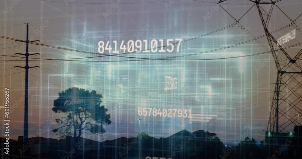 Poster animation of multiple changing numbers and statistical data processing against network towers