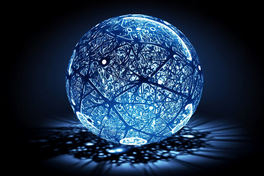 A glowing transparent sphere having interconnections inside on a dark background