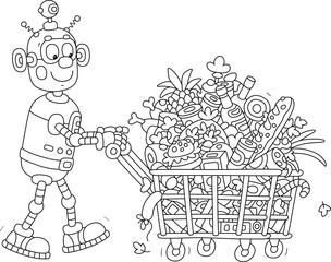 Funny toy robot friendly smiling and pushing a shopping cart full of groceries and drinks for noisy and fun holidays, black and white outline vector illustrations for a coloring book