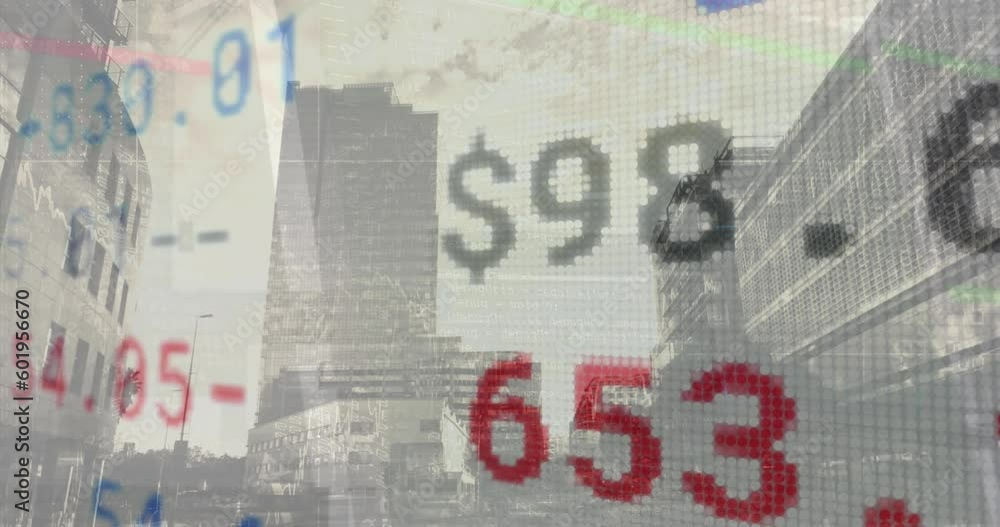 Poster animation of stock market data processing against view of tall buildings