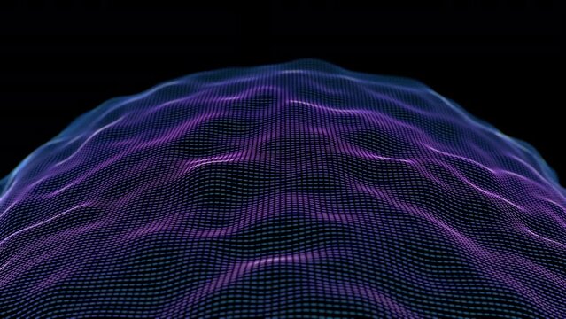 Sound waves flow on spherical surface on black background. Concept of digital sound, waves of information or artificial intelligence. Seamless loop animation of soundwaves or digital sound equalizer