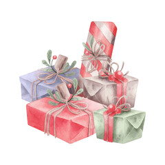 Composition with waterolor gift box. Watercolor Christmas composition.