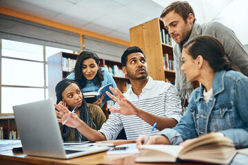 College, talking and students studying in a library for a group project, teamwork and education. Diversity, laptop and friends speaking about university notes, knowledge and planning research