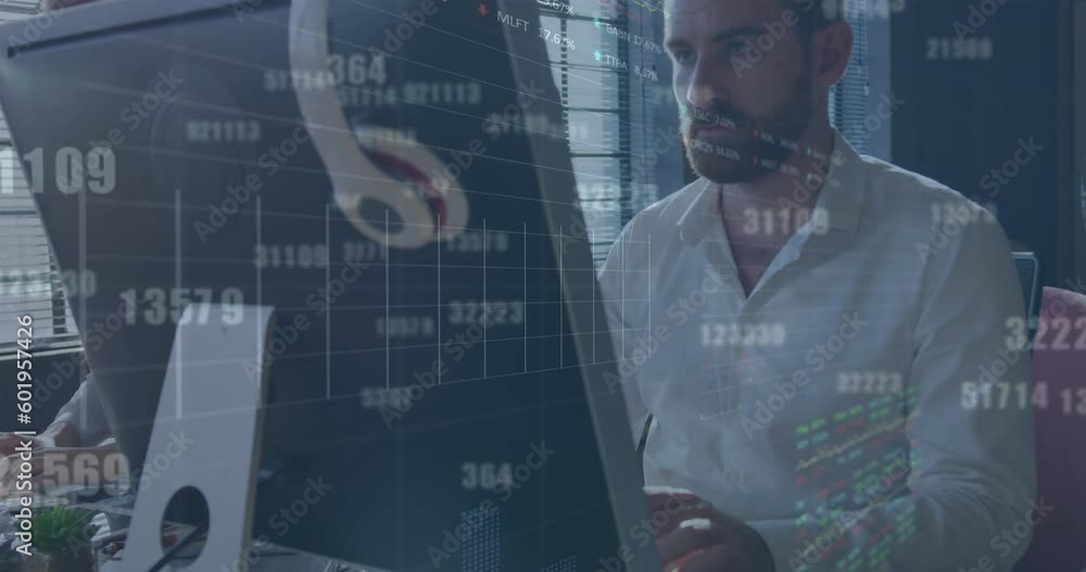 Poster animation of stock market data processing against caucasian man using computer at office