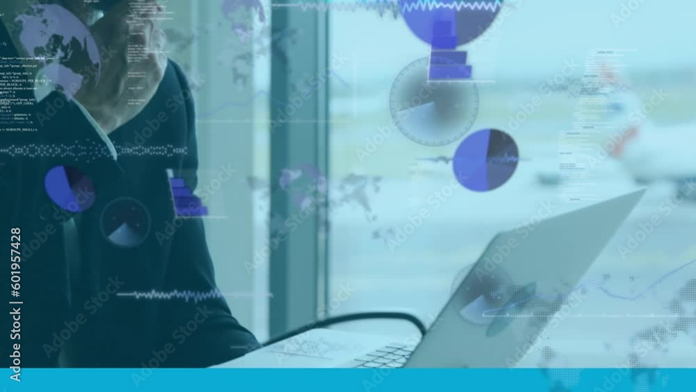Poster animation of data processing over thoughtful caucasian businessman using laptop at an airport