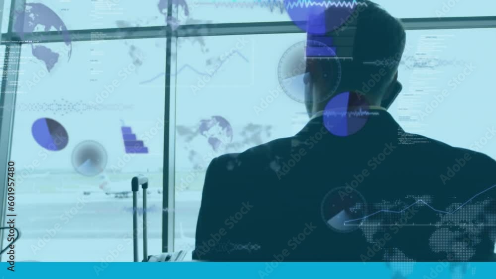 Poster animation of data processing against rear view of a businessman talking on smartphone at an airport
