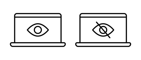 Laptop privacy concept vector icon set. Look computer security symbol. Linear eyes sign