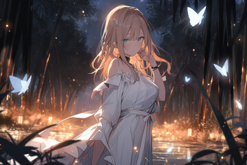 A beautiful girl and a shining butterfly forest, Generative AI