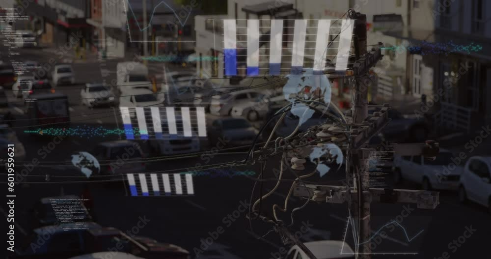 Poster animation of statistical data processing against aerial view of city traffic