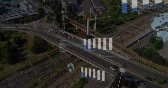 Animation of statistical data processing against aerial view of city traffic