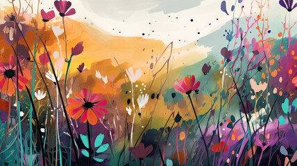 Colorful flower illustration, Abstract meadow - Generative AI - AI generated