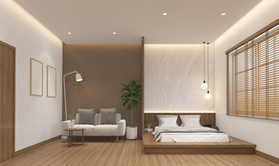 Japan style bedroom decorated with minimalist sofa and wooden built-in bed, wood grating wall and marble wall. 3d rendering