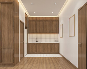 Modern japan style kitchen room decorated with built-in cabinet and white tile wall and white tile floor. 3d rendering