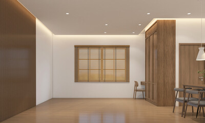 Japan style empty room decorated with wood wardrobe and window and curtains, white wall and wood grating wall. 3d rendering