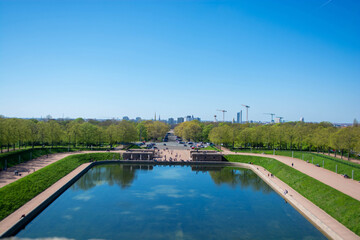 LEIPZIG, GERMANY April, 2023: The gigantic monument Battle of the Nations in Leipzig with artificial lake in front and tall statues inside