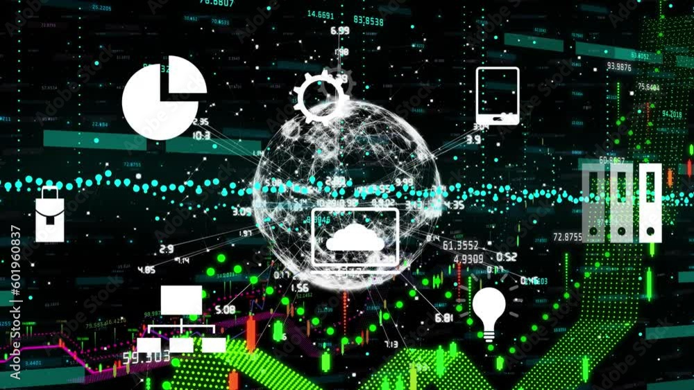 Poster animation of digital icons and financial data processing over spinning globe on black background