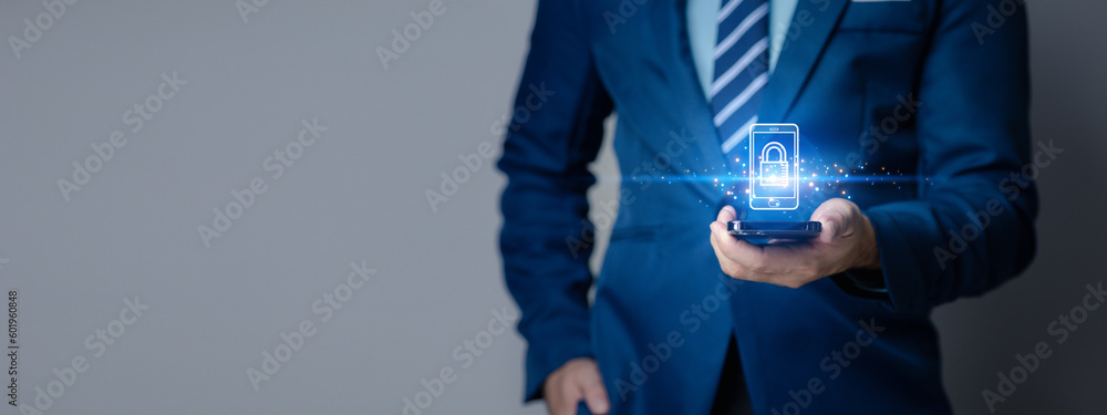 Fototapete businessman with encrypted hologram to enter business management system, encryption secure sensitive