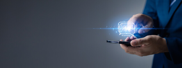 Businessman with 5g technology hologram, 5g networking, data forwarding and internet use efficiency...