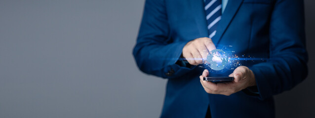 Businessman with 5g technology hologram, 5g networking, data forwarding and internet use efficiency...