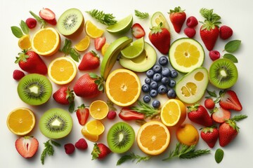 Fresh fruits and vegetables, healthy food, spread apart, isolated flat lay from above white background, Generative AI