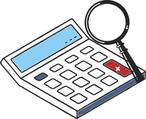 Calculator and magnifying glass as auditor's tools on transparent background.  Symbol of annual, financial report and balance sheet. The concept of accounting and auditing. PNG file.