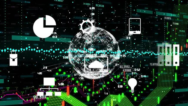Animation of digital icons and financial data processing over spinning globe on black background