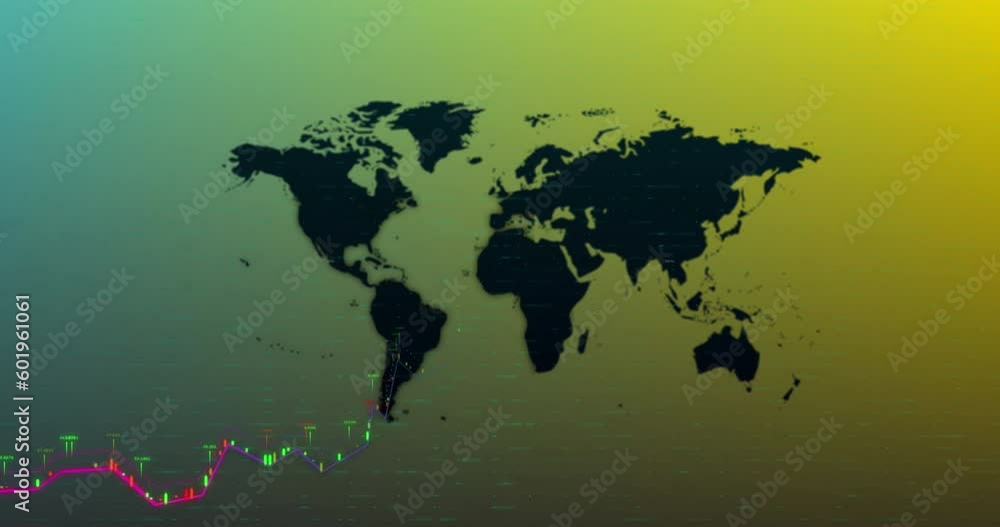 Poster Animation of financial data processing over world map against gradient background