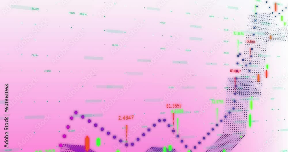 Poster animation of financial data processing against pink gradient background