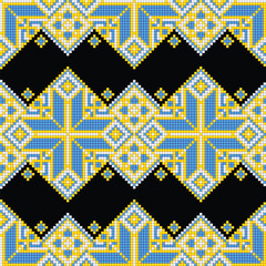 Cross-Stitch EmbroideriedSeamless Pattern with Ornate Element. Ethnic Motif, Handmade Stylization. Ukrainian Yellow and Blue Embroidery. Ethnic Design. Vector 3d Illustration