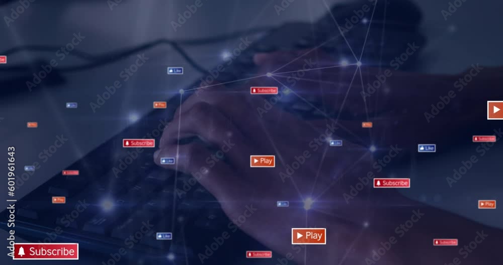 Poster animation of social media icons and network of connections over person hands typing on keyboard