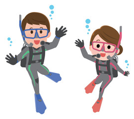 スキューバダイビングを楽しそうに体験する男性と女性　イラスト