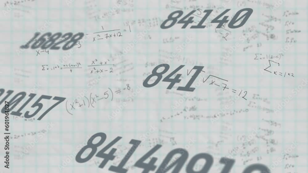 Aufkleber animation of changing numbers and mathematical equations against square lined paper background