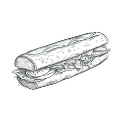 A hand-drawn black and white sketch of an open-faced Vietnamese Banh Mi sandwich with lettuce and onions. AI Generative
