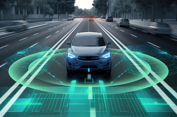 Smart car, Autopilot, self-driving mode vehicle with Radar signal system and and wireless communication, 3D illustration, Generative AI