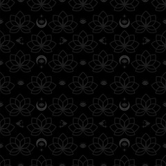 Lotus flower and esoteric symbols moon stars seamless pattern on black background. Vector print.