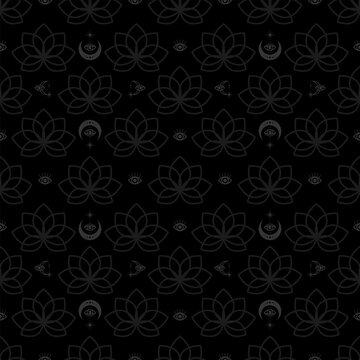 Lotus flower and esoteric symbols moon stars seamless pattern on black background. Vector print.