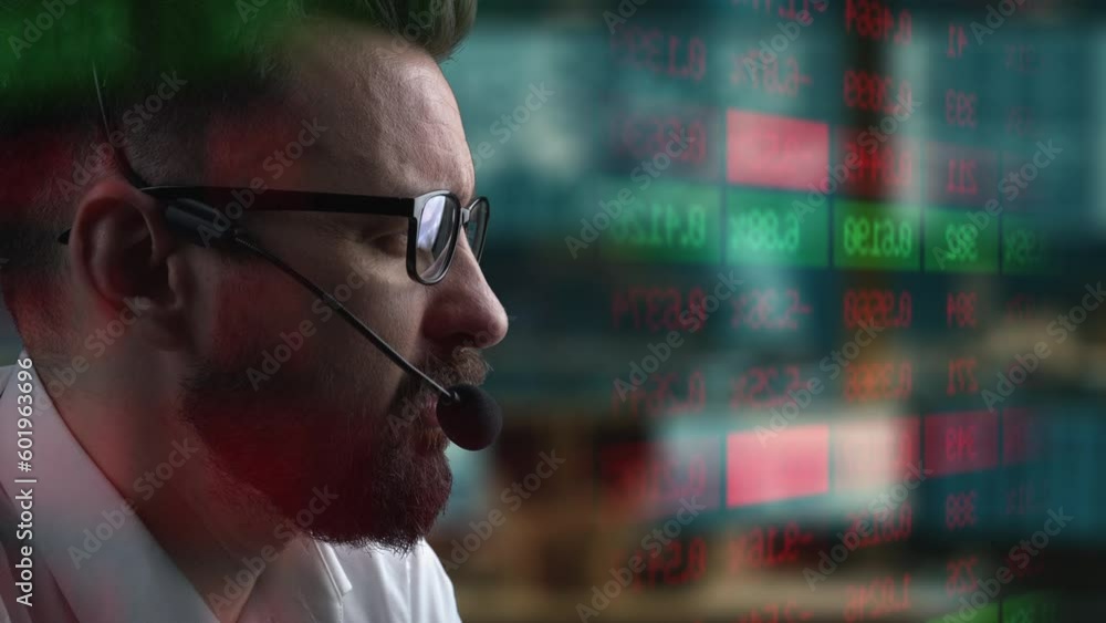 Poster trader is working with computer. screen with stock charts and data analysis. broker trading online. 