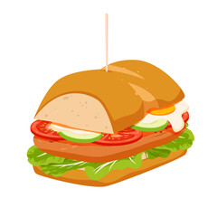 Sandwich vector illustration. Cartoon isolated halves of bread filled with hot meat and fresh vegetables slices, hoagie sandwich with stick, fast food snack for lunch in cafe, restaurant or home