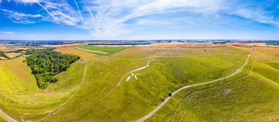 Panoramic view of Uffington White Horse area frome above. - 601963818