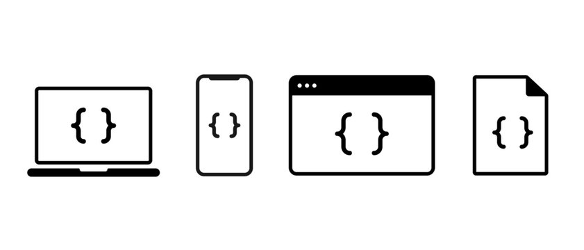 Code device vector icon. Device coding program script sign. App programming window illustration