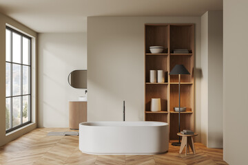 Fototapeta na wymiar Beige bathroom interior with tub and sink