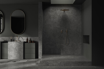 Gray bathroom interior with shower and double sink