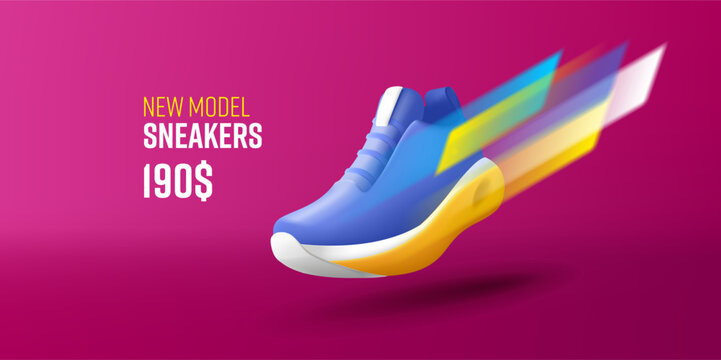 New collection sneakers shoe advertising promo banner with 3d shoe with dynamic fast movement blurred stripes and price