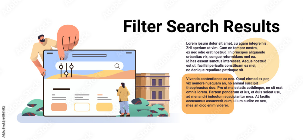 Aufkleber people using filtering service online application on laptop screen filter search result grouping and