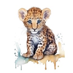 Obraz premium Baby Leopard watercolor with ink outline on white background, high detailed (generative AI)