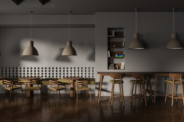 Grey cafe interior with chair, table and bar stool, shelf with decoration