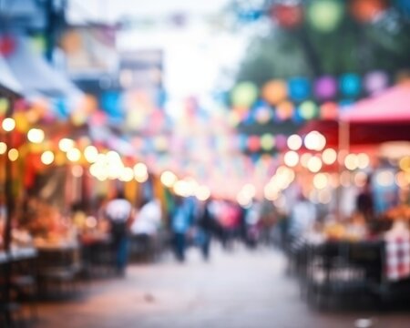 An image of an outdoor backdrop with copy space featuring an abstract street fair and blurred background. (Generative AI)