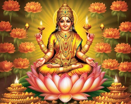 You can download pictures of Maha Lakshmi, the goddess on a lotus flower. (Generative AI)